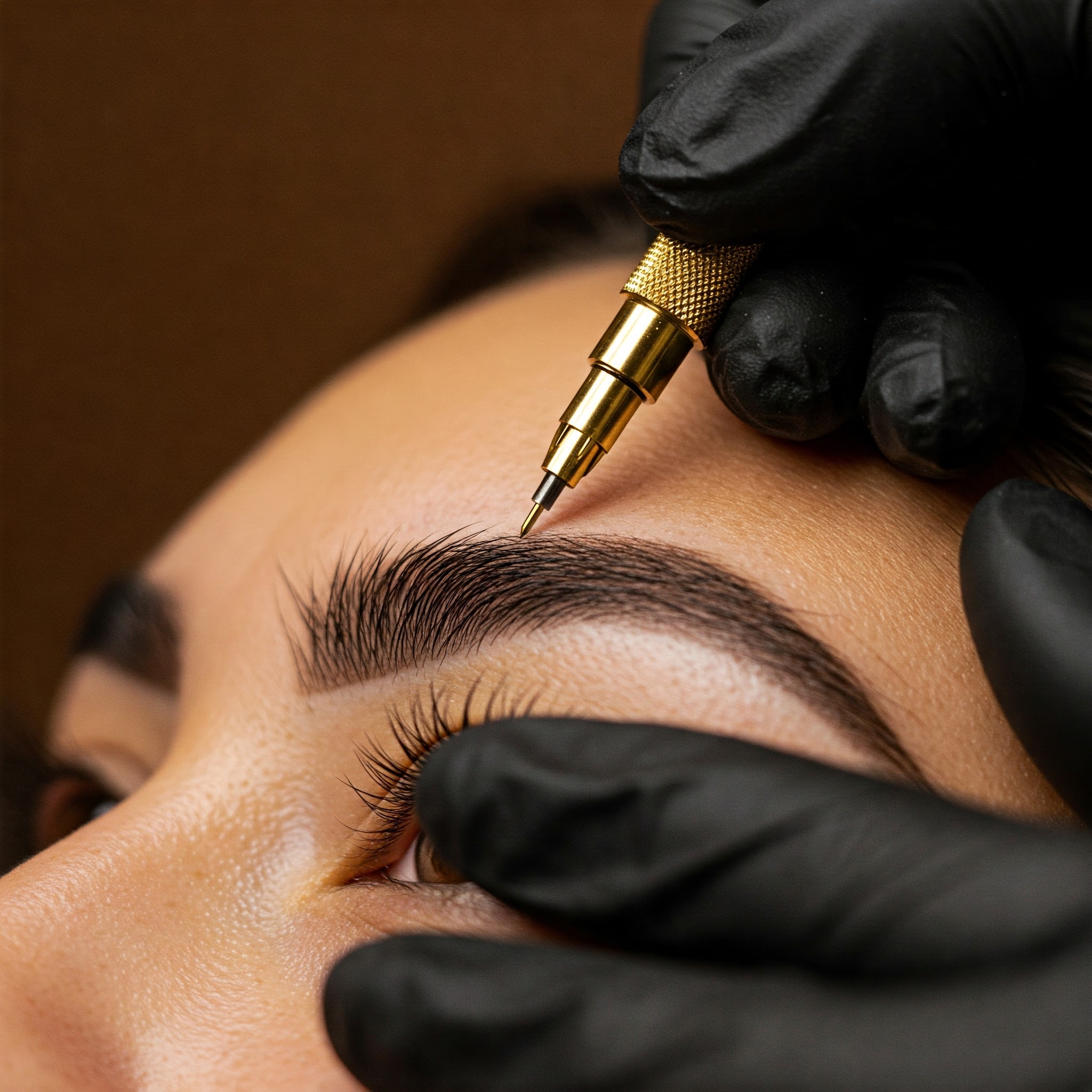 A permanent makeup machine held against a brow during a procedure