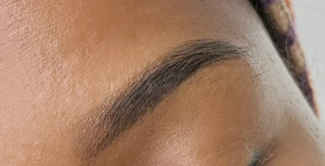 A brow before the appointment: natural hair, full at the head and thinning towards the tail.