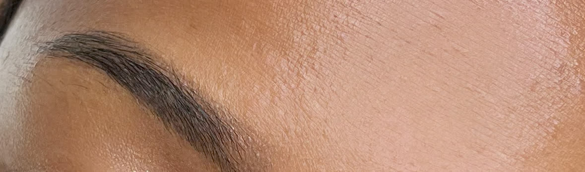 A finished brow on deeper skin, the shape defined along the lower edge with a softer upper line.